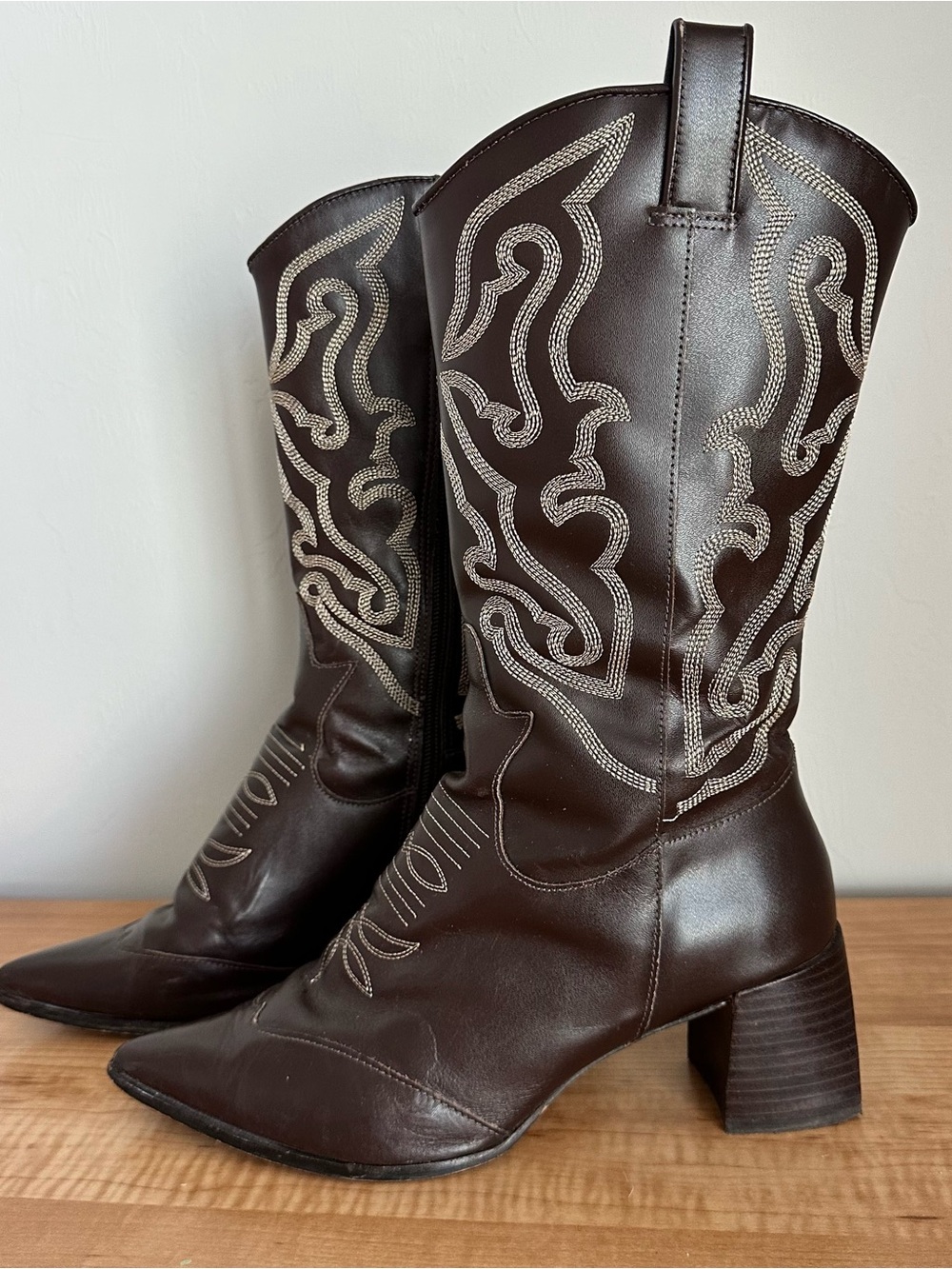 VINTAGE Luiza Barcelos Brown Leather Western Cowboy Boots Embroidered Slouchy 7B